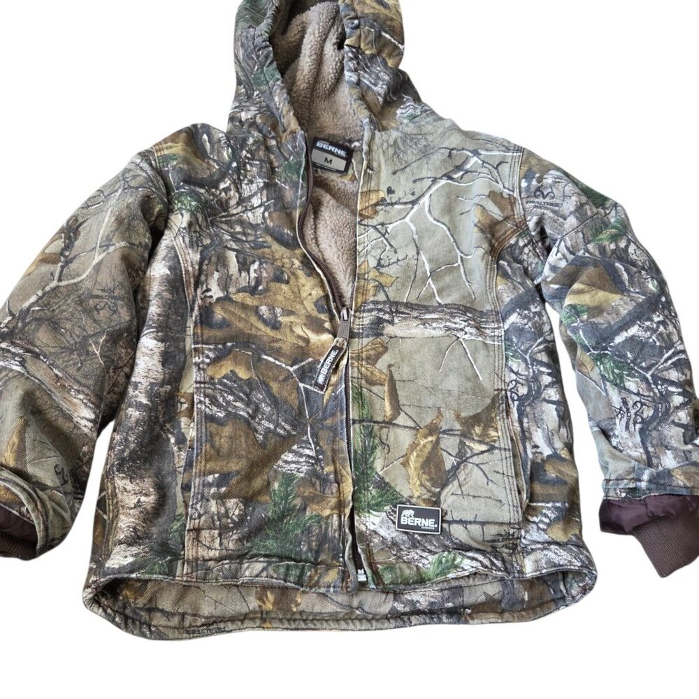 Berne Jacket Youth Medium Brown Hooded Lined Zip Tan Work Camo Canvas Farm